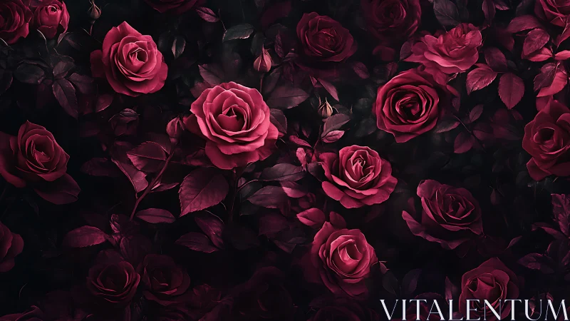 Dense cluster of magenta roses against dark foliage background