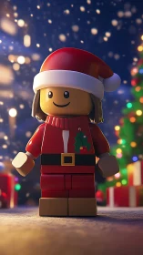 Lego-style Santa minifigure rendered with shallow depth-of-field bokeh