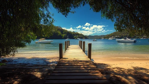 Wooden Pier Extends Into Turquoise Waters Under Clear Blue Sky