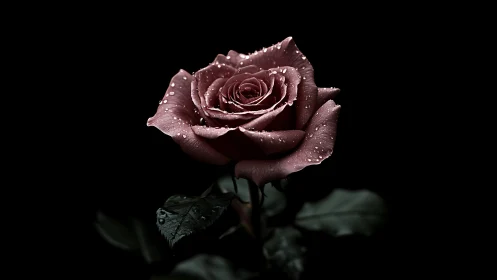 Deep burgundy rose glistens with dewdrops against darkness