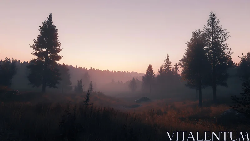 Timber Realm Awakens: Misty Wilderness Symphony at Dawn.