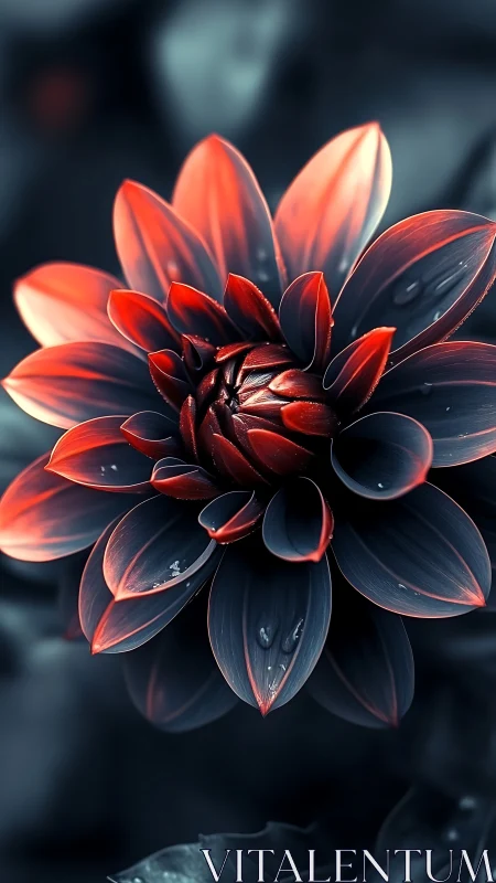 Luminous scarlet dahlia in cinematic low key closeup.