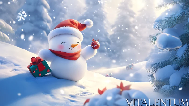 Smiling snowman celebrates Christmas in a glowing winter forest.