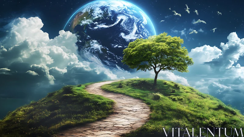 Curved hill path under isolated tree with Earth backdrop.