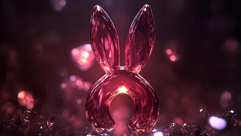 Shiny Pink Glass Bunny Ears Sculpture in Soft Abstract Lighting.