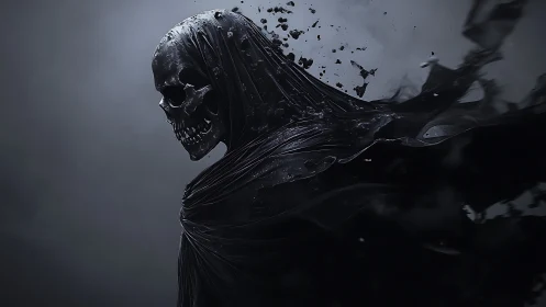 Shrouded skeletal wraith erupts through swirling black void