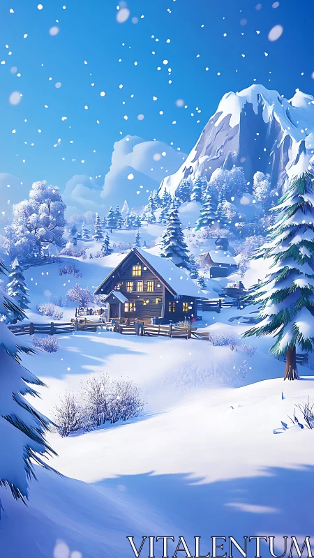 Alpine chalet under dynamic snowfall in luminous winter light.