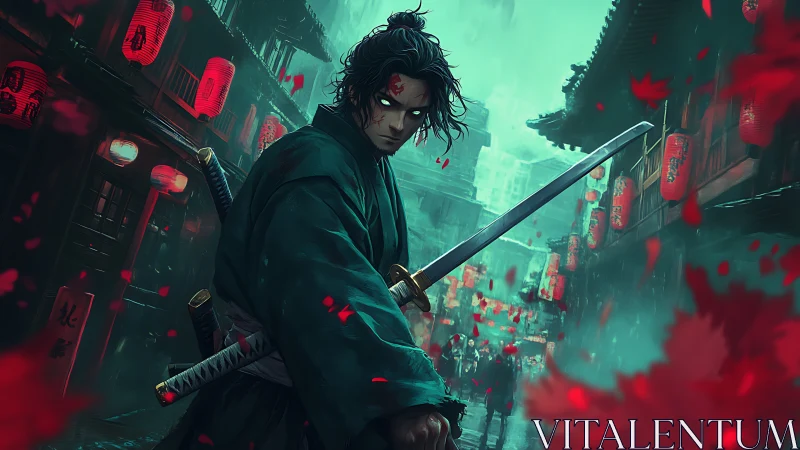 Cursed samurai grips drawn katana in neon lit alley