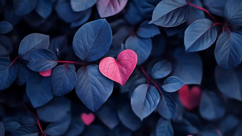 Single pink heart leaf glows amid deep blue foliage.