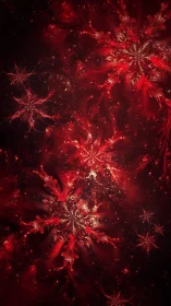 Red fractal snowflake bursts on dark cosmic background.