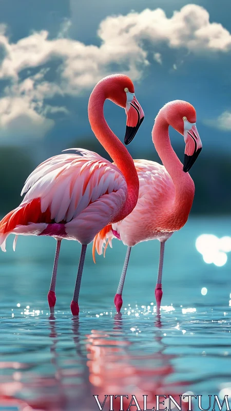 Sunlit flamingo pair wading through shimmering blue water.