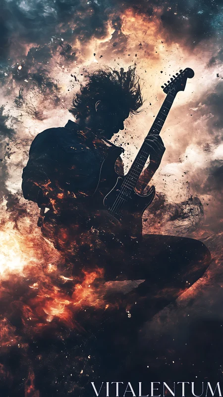 Guitarist Leaping Through Cosmic Fire and Electric Sky.