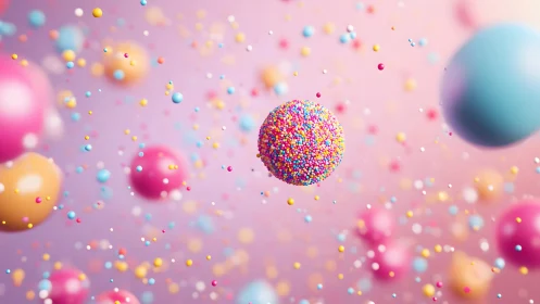 Colorful candy spheres floating on soft pastel background.