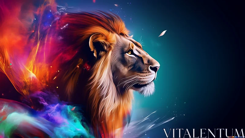 High-saturation digital lion portrait with spectral particle effects