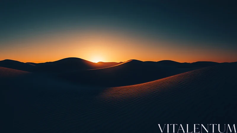 Soft desert sunrise spilling gentle light over dunes.