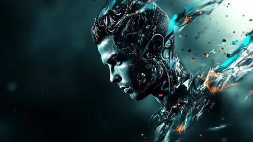 Cybernetic male portrait dissolving into abstract shards.