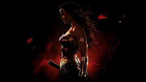 Side-lit armored female figure stands before red backlight