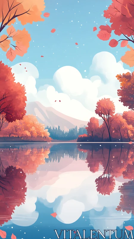 Calm autumn lake reflecting trees and distant mountains.