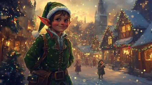 Smiling Christmas elf strolling through a glowing village street.