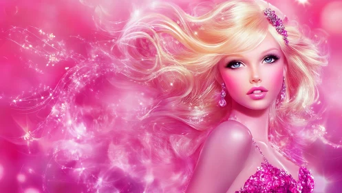 Glistening blonde doll radiates in a dreamy pink sparkle haze