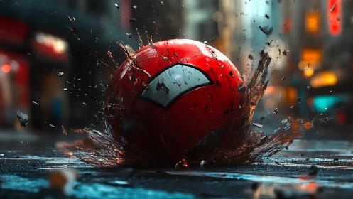 Red spherical object impacts wet street, displacing dirty water.