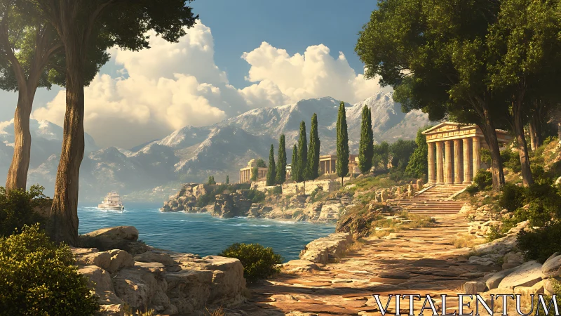 Ancient-style coastal temples line rocky shore beneath mountains