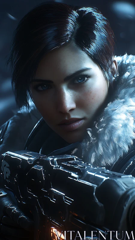 Cinematic sci-fi portrait with tactical armor close framing.