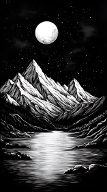 Moonlit alpine peaks over reflective mountain lake at night.