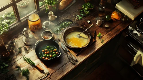 Overhead view shows rustic kitchen workspace with cooking pans