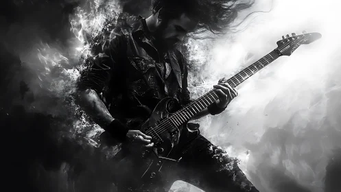 Electric guitarist in explosive monochrome energy storm.
