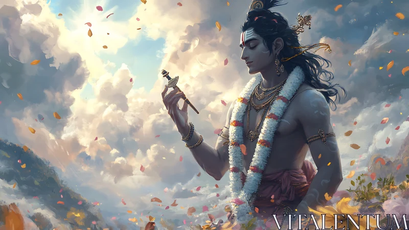 Serene divine figure pauses in drifting petals and soft sky