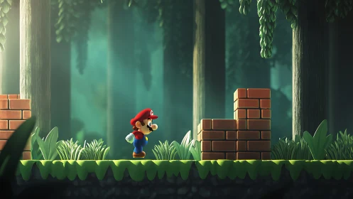 Mario explores lush forest realm amid crumbling brick structures.