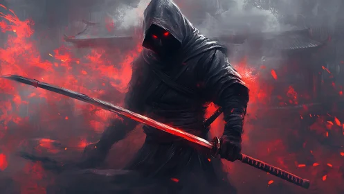 Hooded dark warrior holding glowing red katana in fire