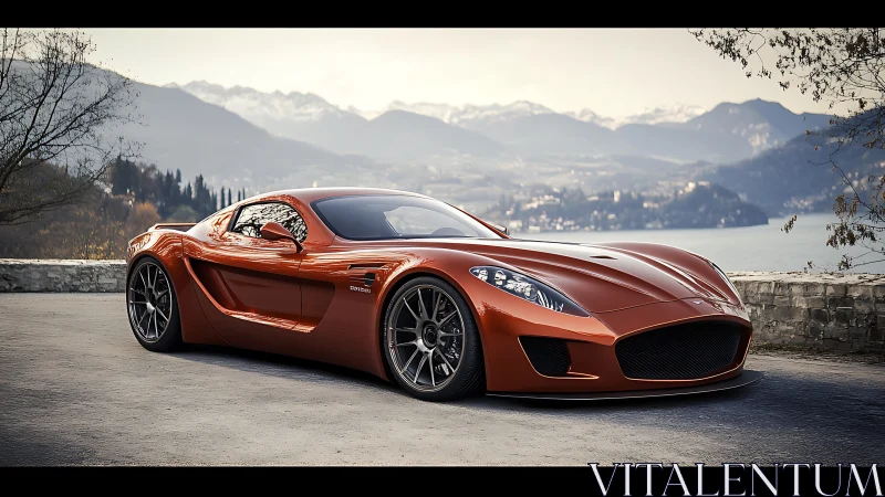 Sleek copper supercar glows beside tranquil mountain lake.