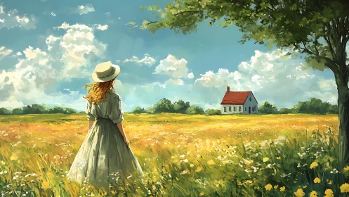 Gentle summer wanderer gazes toward a quiet country home