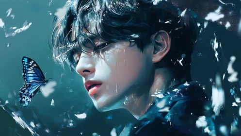 Softly Lit Portrait With Blue Butterfly And Dreamy Calm.