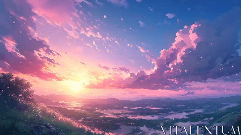 Sunset clouds over distant valley in soft anime style.
