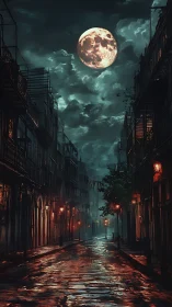 Full moon ignites a rain-slicked, deserted midnight street