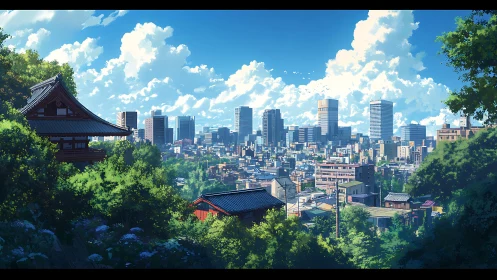 Hilltop shrine overlooks sunlit modern Japanese skyline.