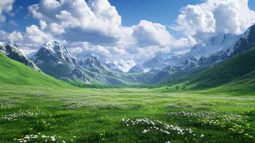 Snowcapped mountain valley opens onto wide sunlit flower meadow