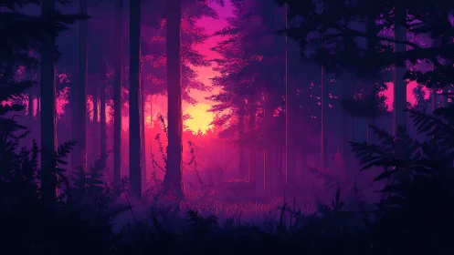 Neon Forest Sunset: Synthetic Landscape with Vibrant Magenta Atmospheric Haze