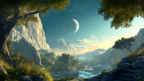 Alien river valley under crescent moon and glowing sky.