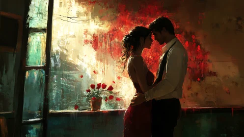 Two Souls Dancing Through Rust and Roses at Night