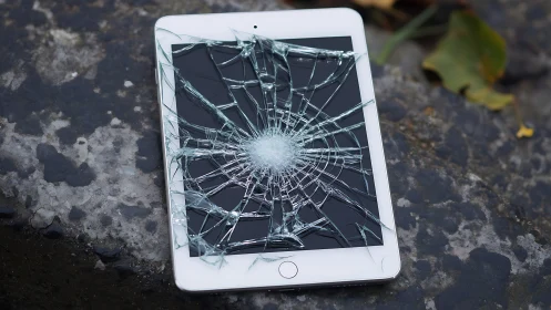 White tablet sits shattered, its screen fractured into crystalline web patterns