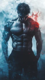 Muscular male torso in blue and red abstract lighting.
