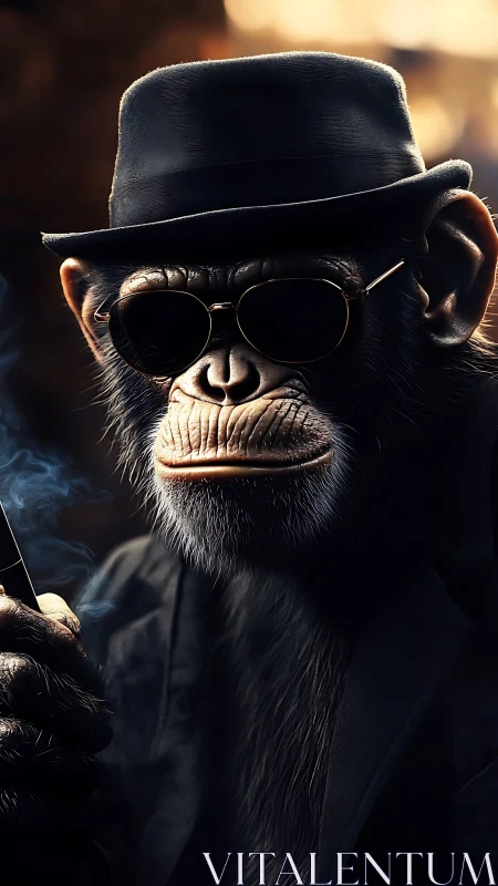 Chimpanzee in hat and sunglasses holding cigarillo portrait.