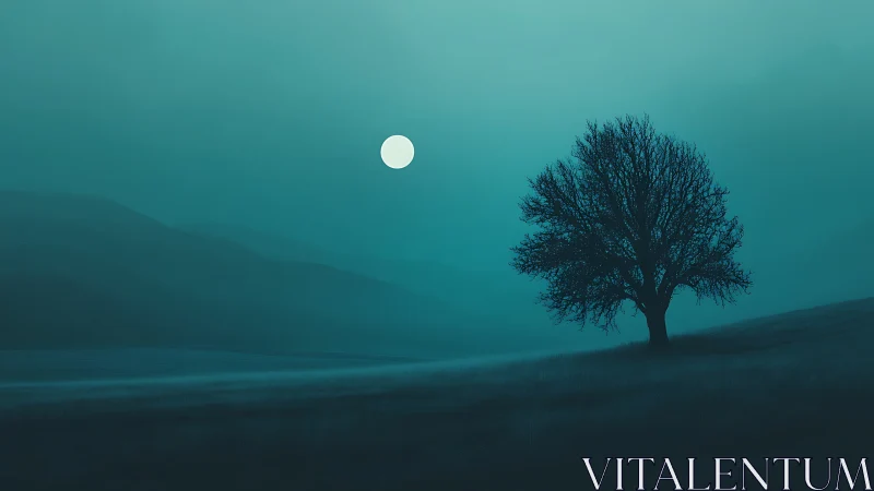 Solitary deciduous tree under full moon on misty hillside.