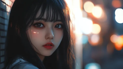 Soft night lights embracing a thoughtful anime girl portrait.