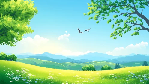 Sunlit hills hum softly while birds script the morning sky