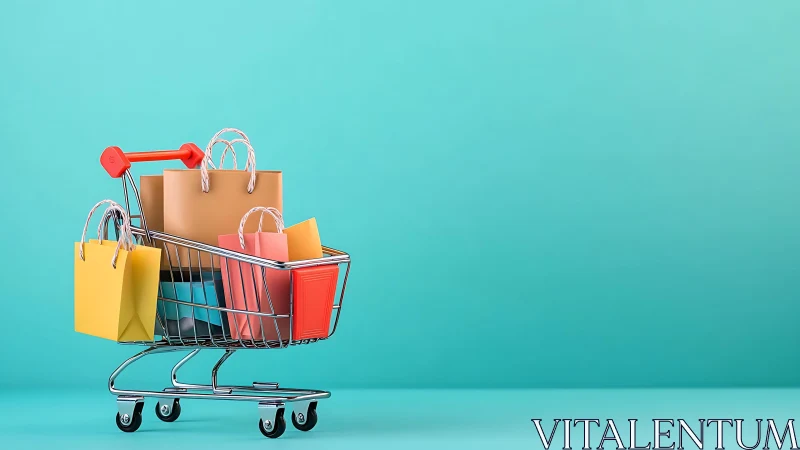 Minimalist shopping cart with colorful bags on teal backdrop
